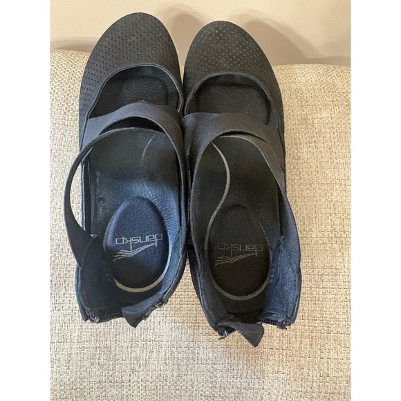 Dansko Laura Perforated Black Nubuck Cross-strap Wedge Heel Shoe